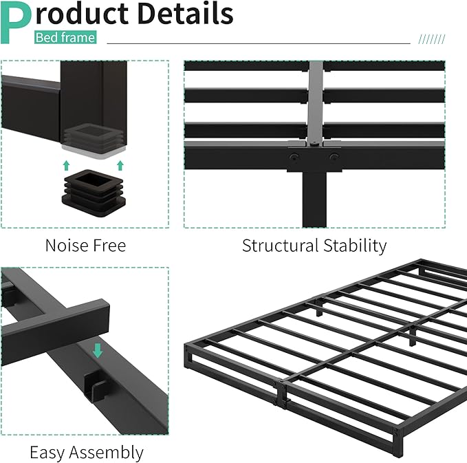6 Inch Bed Frame Queen Size Heavy Duty Steel Slat Support Metal Platform Queen Bed Frame No Box Spring Needed, Easy Assembly, Black