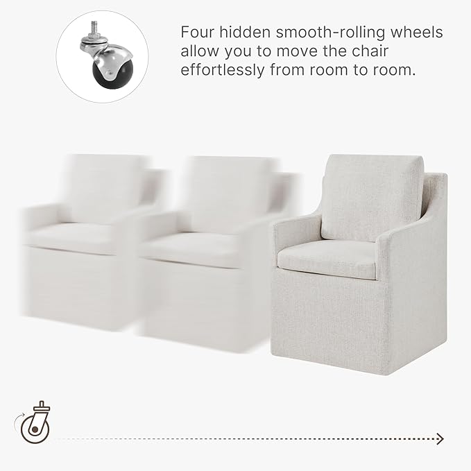 Upholstered Dining Chairs with Casters Easy Assembly Side Deskchair with Rollers for Diningroom, Living Room, Linen, 2 Box
