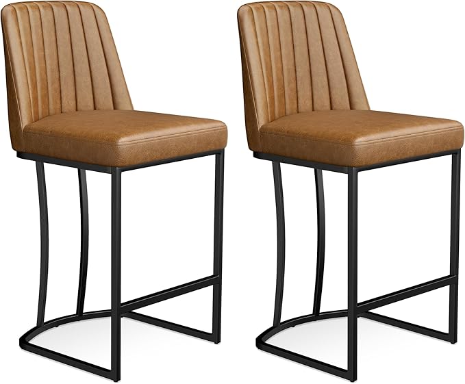 Counter Height Bar Stools Set of 4, Upholstered Leather Barrel Barstools with Back and Metal Legs for Kitchen Island, 27.4" Seat Height, Fabric in Faux Leather, Rustic Brown