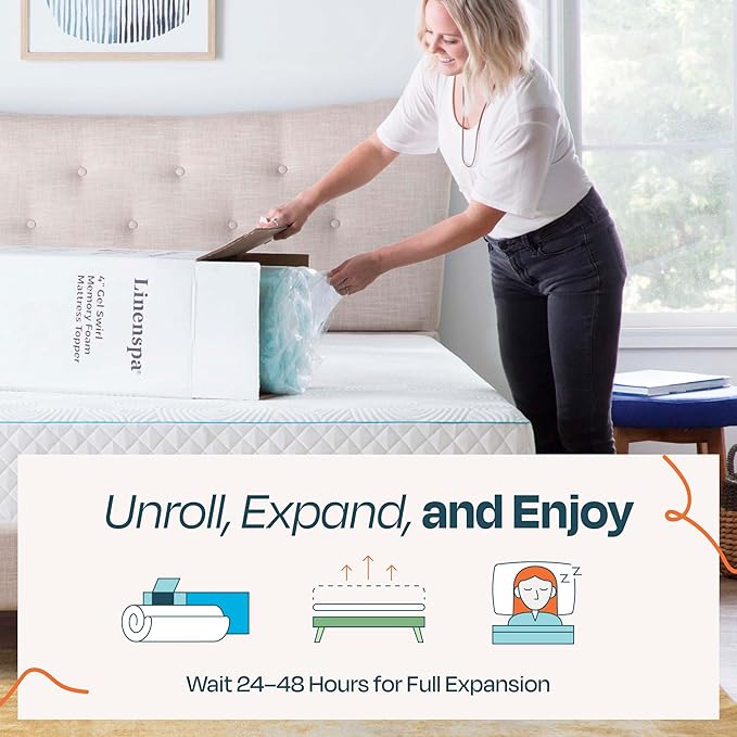 Linenspa 2 Inch Gel Swirl Memory Foam Mattress Topper – Cooling Gel Infused – Pressure Relieving Bed Topper - Mattress Pad – CertiPUR Certified - Queen Size