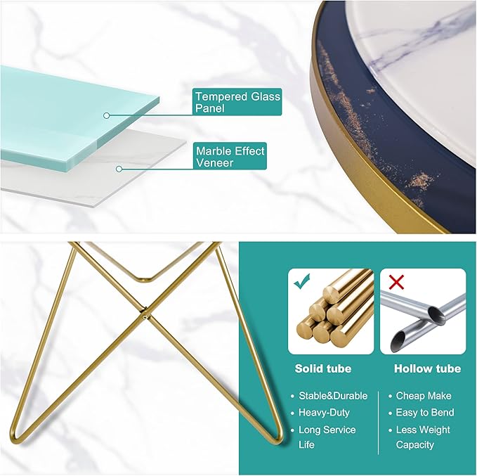 HLR Modern Round Side Table Set of 2, End Table with Marble Effect Top and Gold Metal Frame, Small Side Table for Living Room, Bedroom, Sofa and Couch, Gold Legs, White Marble top