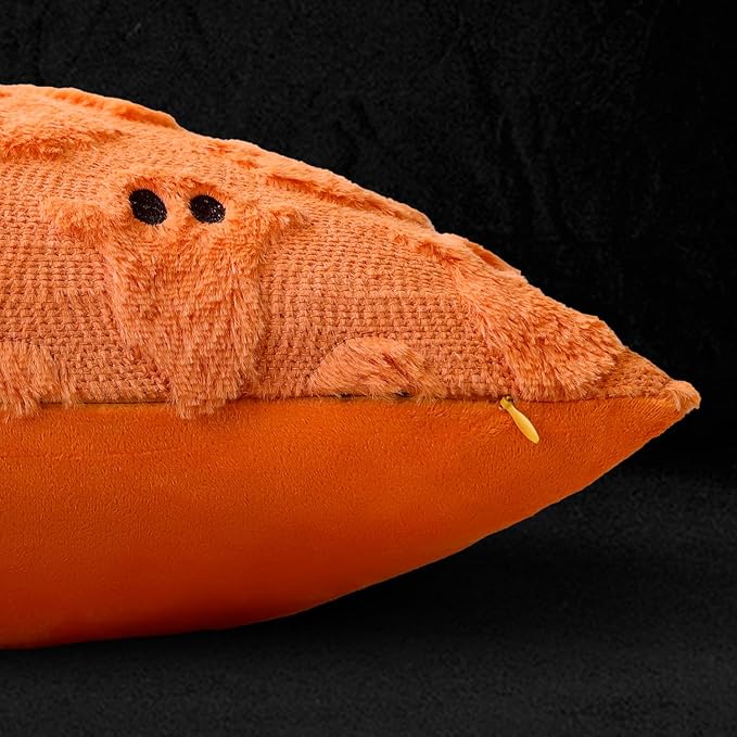 4TH Emotion Halloween Ghost Decorative Pillow Covers 20x20 Set of 2, Orange Soft Plush Faux Fur Farmhouse Throw Cushion Cases for Fall Autumn Holiday Home Decorations