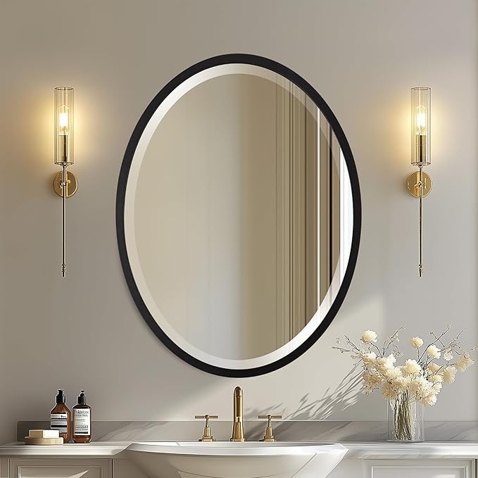 OVALCREST - Oval Wooden Beveled Wall Mirror for Home Decor, Bathroom, Vanity, Bedroom, Living Room, Hallway - London Style (Matte Black) 17.1 x 21.1