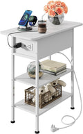 WLIVE End Table with Charging Station, Flip Top Side Table with Storage Shelf, Narrow Bedside Table for Living Room, Sofa Couch Table with USB Ports and Outlets, Bedroom Nightstand, White