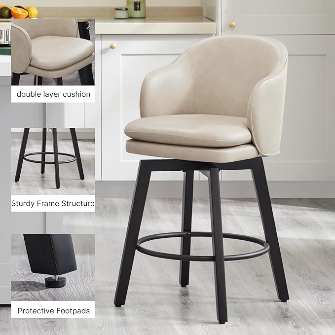 Counter Height Barstools 26 inch Upholstered Swivel Bar Stools with Back and Wood Legs for Kitchen Island,Set of 4,Beige PU Leather