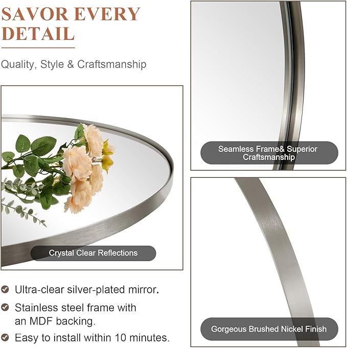 ANDY STAR Brushed Nickel Oval Mirrors for Bathroom, 22x30 Inch Silver Stainless Steel Metal Framed Oval Wall Mirror, Modern Vanity Mirror Wall Mount Horizontal or Vertical