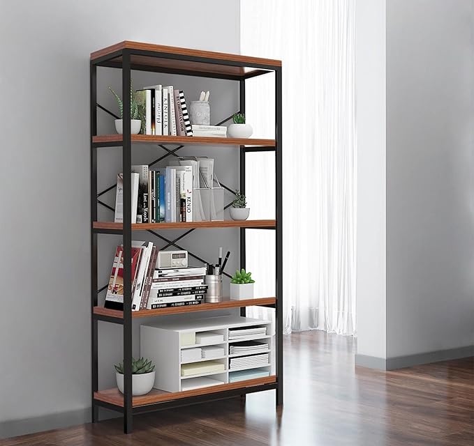 Himimi Industrial Bookshelf 5-Tier, Bookcase 58" H Ladder Shelf, Storage Shelves Rack Shelf Unit, Accent Furniture Metal Frame, Home Office Furniture for Bathroom, Living Room, Vintage Brown
