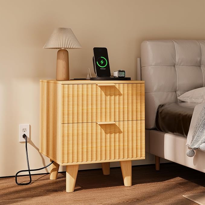 Urban Deco Fluted Nightstand with Charging Station, Mid Century Modern Nightstand, Wooden Side Table with 2 Fluted Drawers, End Table with Solid Wood Legs for Bedroom, 15.4 x 15.4 x 22.8 in (Natural)