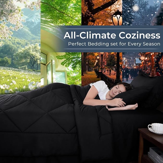 HEVUMYI Black Twin-XL Comforter Set - 5-Piece All Season Bed in a Bag Twin-XL, Ultra Soft Bedding Set with Comforter, Flat Sheet, Fitted Sheet, Pillowcases, Pillow Shams, Black