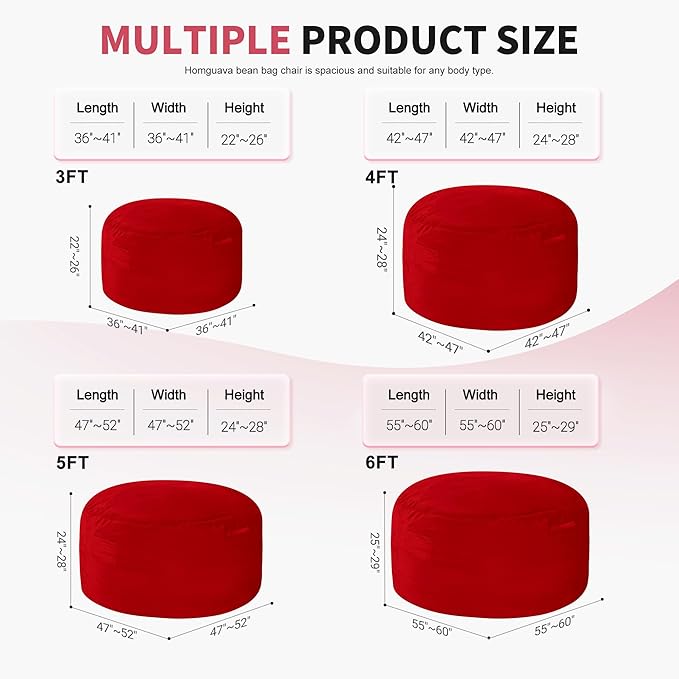 Homguava 6FT Bean Bag Chair Giant BeanBag with Memory Foam Filled, Large Bean Bag Chairs for Adults, Adult Bean Bag Chair with Dutch Velvet Cover for Living Room Bedroom-Red