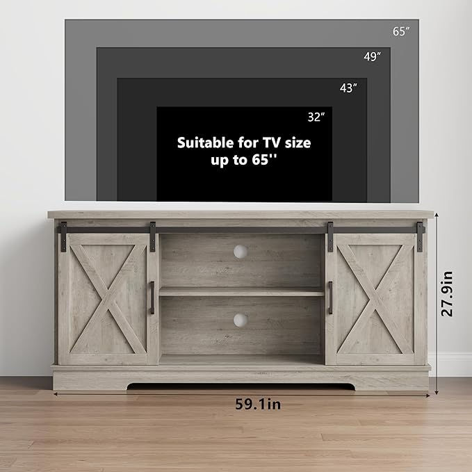 GarveeHome Farmhouse Tv Stand for 65 Inches TVs, Entertainment Center with Sliding Barn Doors and Adjustable Shelf, Modern Media TV Console TV Stand Table for Living Room, Bedroom, Grey