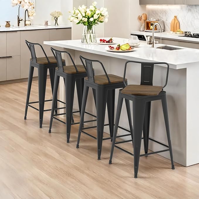 30 Inch Swivel Bar Stools Set of 4, Counter Height Bar Stools with Low Back, Metal Industrial Bar Chairs for Kitchen Island (Matte Black)