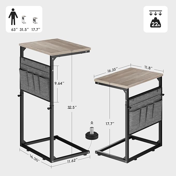 Vagusicc C Shaped End Table, 33'' Tall Side Table for Couch, Adjustable Height Small Couch Side Table for Small Spaces, C Table Slide Under Sofa Table TV Tray Arm Table for Living Room, Bedroom, Grey