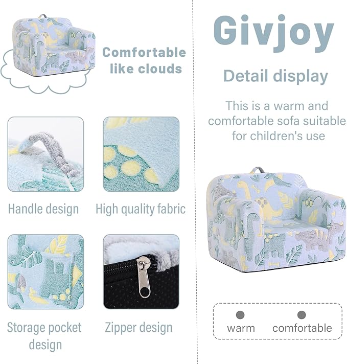 Toddler Chair Plush Kids Couch, Comfy Glow in The Dark Armchair with Removable and Washable Cover Carrying Handle Kids Sofa, Convertible Reading Chair Toddler Couch for Girls and Boys