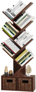 Vagusicc Tree Bookshelf, 6 Tier Bookshelf with Storage, Tall Narrow Bookcase, Rustic Wood Book Storage Rack for CDs/Books, Small Book Organizer Shelves for Bedroom Living Room, Home Office, Brown