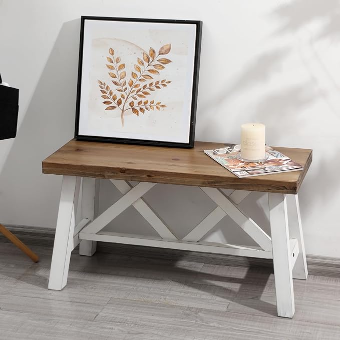 Wnutrees 30" Farmhouse Wood Bench, Rustic Solid Wood Entryway Bench Seat with Double X-Structure for Dining Room, Living Room, Hallway, Structural Stability, White