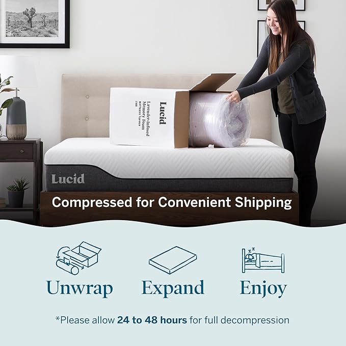Lucid 4 Inch Lavender Infused Memory Foam Mattress Topper - Ventilated Design – Pressure Relieving Bed Topper - Mattress Pad – CertiPur Certified - Twin XL Size