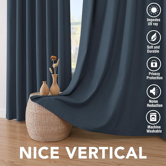 H.VERSAILTEX Primitive Linen Blackout Curtains with Burlap Fabric and White Thermal Insulated Liner, Grommet Top Curtains for Living Room/Bedroom (2 Panels, 42 x 84 Inch, Navy)