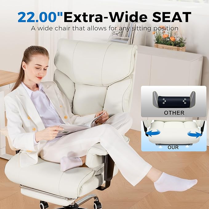 COMHOMA Big and Tall Office Chair 400lbs High Back Leather Executive Chair with Ergonomic Lumbar Support & Pocket Spring Cushion for Lower Back Pain Relief, Computer Gaming Chair with Foot Rest, Beige