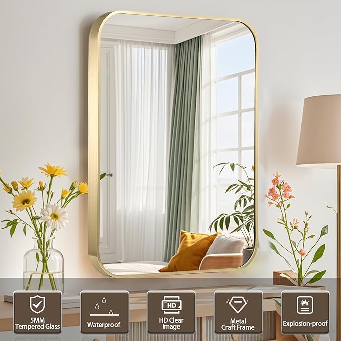 Gold Bathroom Mirror, 16x20 Inch Brushed Gold Aluminum Alloy Framed Rectangle Wall Mirror, Crystal Clear Reflection, Anti-Rust, Easy to Install Vertically or Horizontally