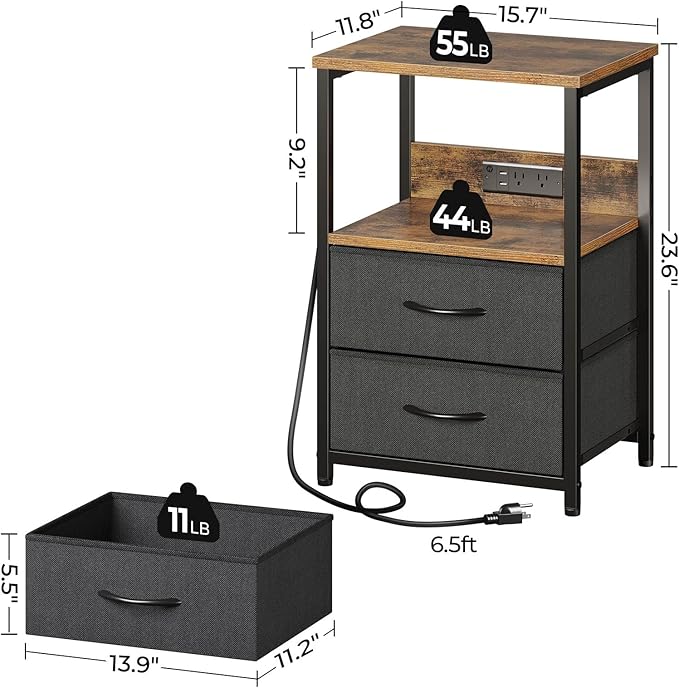 Seventable Nightstand with Charging Station, Bedside Table with LED Lights, Night Stand with 2 Fabric Drawers, 3-Tier Storage End Table for Bedroom, Rustic Brown