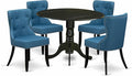 East West Furniture DLSI5-BLK-21 5 Piece Dining Room Table Set Includes a Round Kitchen Table with Dropleaf and 4 Blue Linen Fabric Parson Dining Chairs, 42x42 Inch, Black