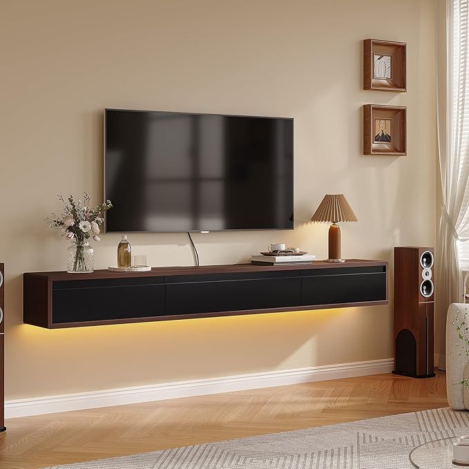 Floating TV Stand Matte Finish,70'' Wall-Mounted TV Cabinet,Floating TV Console,Under TV Shelf with 3 Doors for Living Room Bedroom(Walnut+Black)