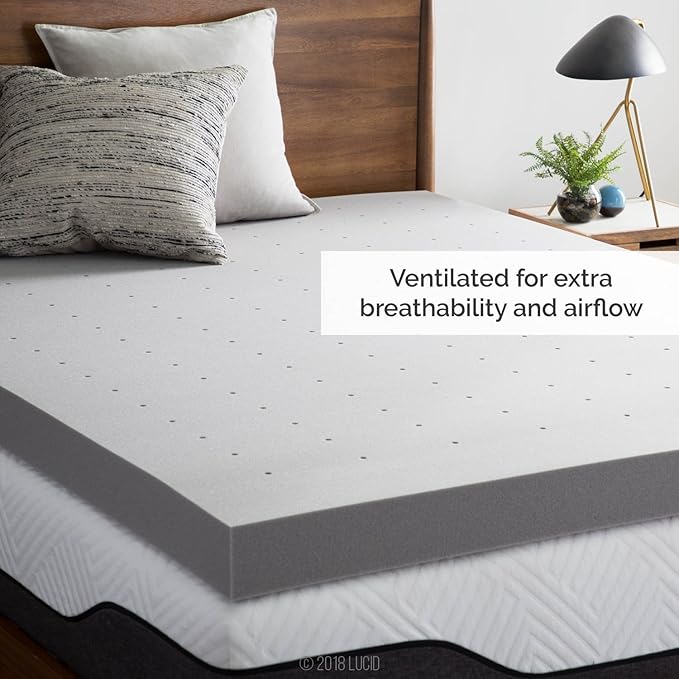 Lucid 4 Inch Bamboo Infused Memory Foam Mattress Topper - California King Size – Cooling Ventilation – Pressure Relieving Bed Topper - Mattress Pad – CertiPur Certified