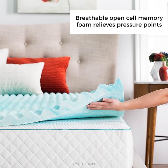 Linenspa Convoluted Gel Memory Foam, 2 Inch, Promotes Airflow, Relieves Pressure Points, Evenly Disperses Body Weight Mattress Topper, Twin XL, Blue Swirl