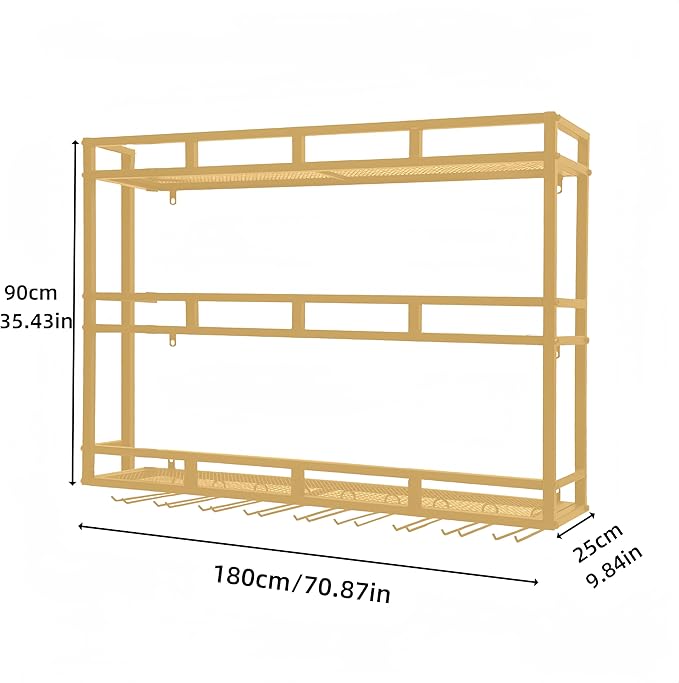Metal Wine Rack Wall Mounted, Bar Shelves for Liquor Bottles with LED Light, 3 Tier Large Capacity Liquor Rack Wall Mounted with Glass Holder for Home Bar & Dining Room （Gold, 71in/180cm）