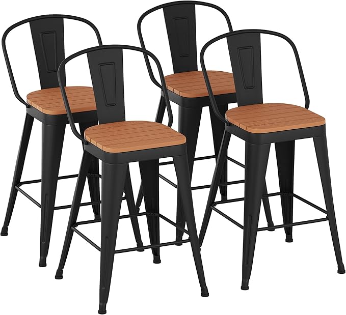 Outdoor Metal Bar Stools Set of 4,26 inch Barstools Counter Height Bar Stool with High Back Farmhouse Kitchen Dining Chairs Bar Funiture for Outside