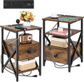 Nightstand Set of 2 with Charging Station and USB Ports, End Table Set of 2 with Outlets, Bedside Table End Tables with Drawer, Small Night Stand for Bedroom, Side Table, Living Room, Brown