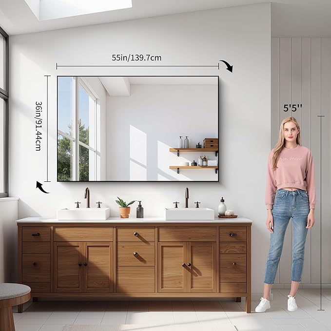YIROMAN Bathroom Mirror 55"x36", Large Brushed Silver Bathroom Mirror for Over Sink with Aluminum Frame, Rectangular Vanity Mirror with Right Angle, Wall Mirror Hangs Horizontal or Vertical