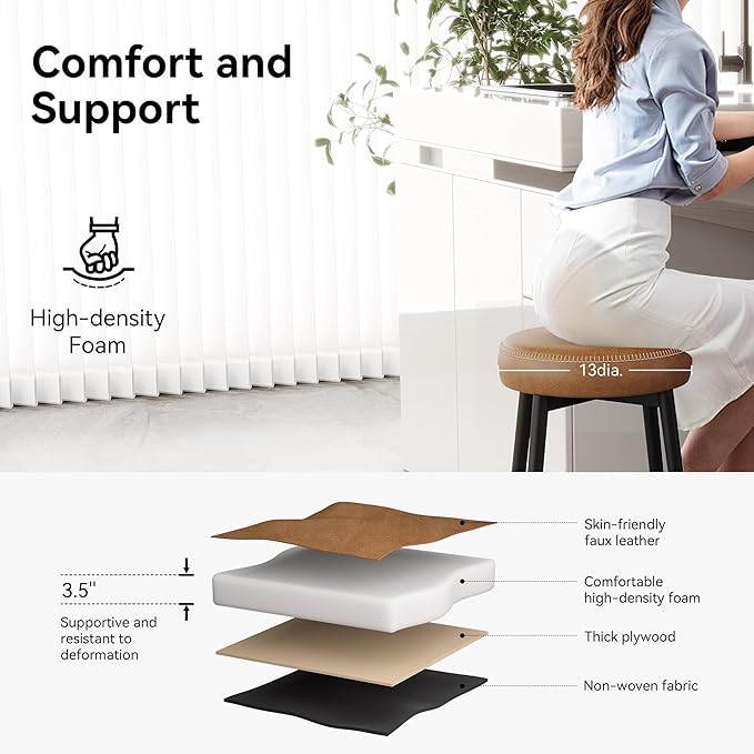 Counter Height Bar Stools, 26" H Backless Bar Stools Set of 8, Upholstered Faux Leather Kitchen Counter Stools, Mid Century Modern, Kitchen Island Home Bar, Pub, Caramel Brown