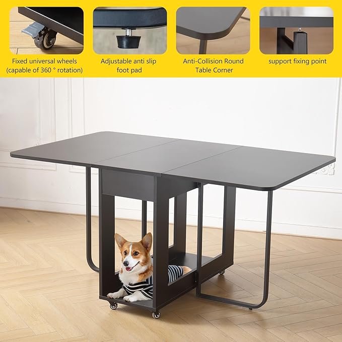 Folding table and chair set, dining table with extra large storage space and 4 universal wheels, matched with padded steel frame folding chairs, space-saving dining table and 2 chairs (Brown)