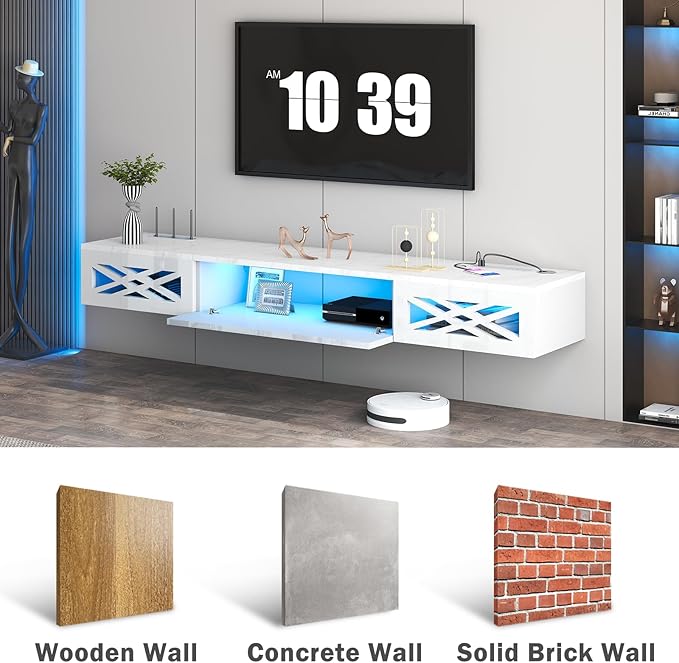 Floating TV Stand, 71" Floating Entertainment Center Wall Mounted,Floating Wall Mounted TV Shelf with Led Lights and Power Outlet,Modern High Gloss tv Cabinet Media Console with Storage