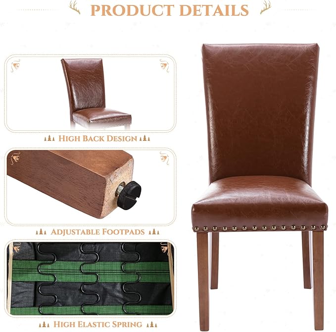 Parsons Dining Chairs Set of 4, Upholstered Nailhead PU Leather Dining Room Kitchen Side Chair with Thick Cushions and Wood Legs, Light Brown