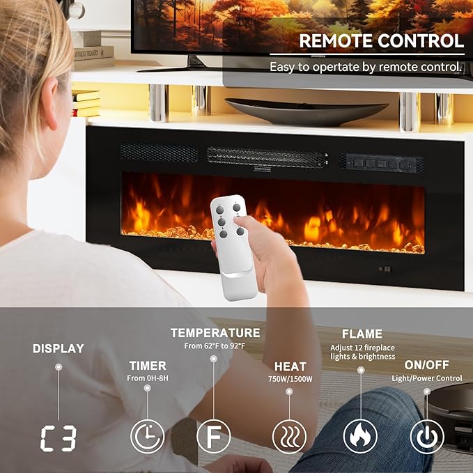 80" TV Stand & Media Console, Entertainment Center with Storage Shelves, Fits TVs up to 90", Modern Living Room Cabinet, 36" Electric Fireplace (White+Black)