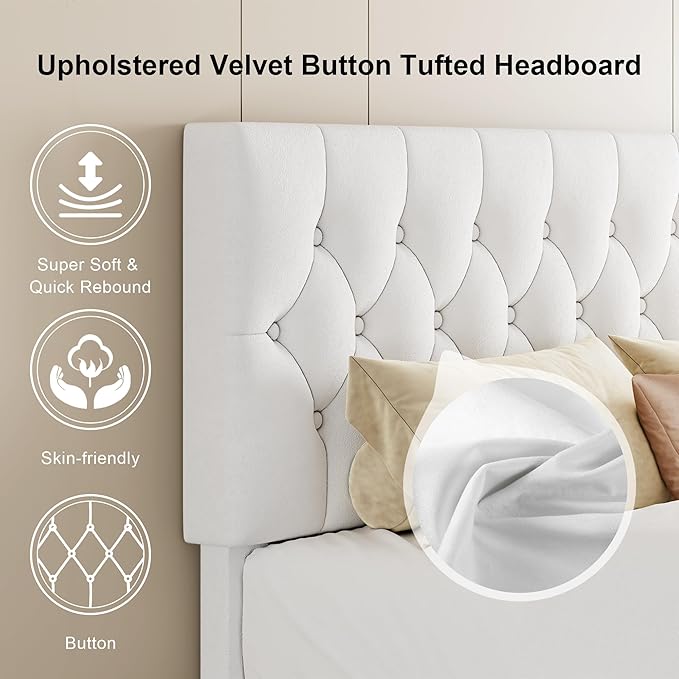 Feonase Velvet Queen Platform Bed Frame with Button Tufted Headboard, Upholstered Bed with Wooden Slats Support, No Box Spring Needed, Easy Assembly, Noise-Free, White
