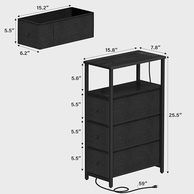 TUTOTAK Narrow LED Night Stand with Charging Station, Slim End Table with Plugins, Tall Side Table with 3 Fabric Drawer, Small Bedside Table with Storage, Set of 2, for Living Room, Black TB01BK073L