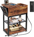 Flip Top End Table for Living Room, 28 inch Side Table, 12" D x 24" W x 28" H, Narrow Side Table with Drawer, 8.4" Deep Drawer, End Table with Charging Station, Steel X-Shaped Frame, Rustic Brown