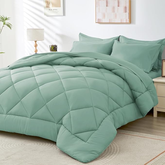 HEVUMYI Sage Green King Comforter Set - 7-Piece All Season Bed in a Bag King, Ultra Soft Bedding Set with Comforter, Flat Sheet, Fitted Sheet, Pillowcases, Pillow Shams, Sage Green