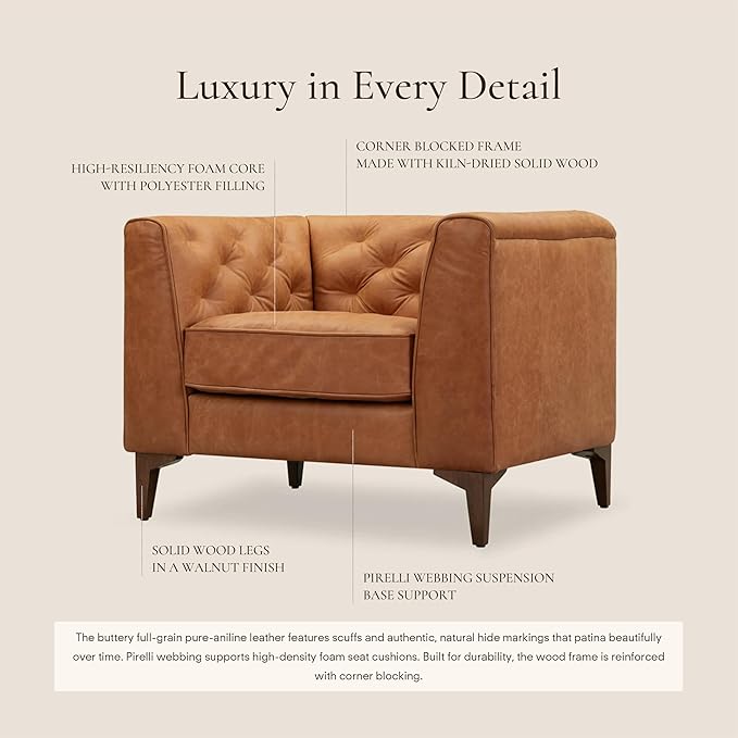 Poly & Bark Essex Lounge Chair - Leather Chair with Tufted Back - Full-Grain Living Room Armchair with Feather-Down Topper - Single Couch - Vintage Italian Leather in Cognac Tan