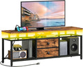 TV Stand with LED Light and Power Outlets, Entertainment Center with Fabric Drawers and Open Shelves, 41.7" TV Cabinet for TVs up to 45 Inch, Media Console for Living Room, Brown DS03UDBR