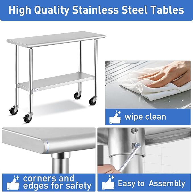 ROCKPOINT Stainless Steel Table for Prep & Work with Caster Wheels 14x60 Inches, NSF Metal Commercial Kitchen Heavy Duty Table with Adjustable Under Shelf and Table Foot for Restaurant, Home and Hotel