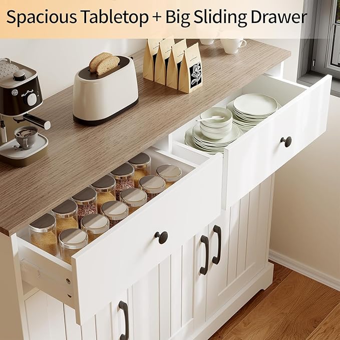 Farmhouse Large Buffet Sideboard Storage Cabinet 42 Inch with Adjustable Shelf, Drawers, and Sliding Barn Doors, Wooden Coffee Bar Kitchen Table for Entryway, Dining Room, and Living Room