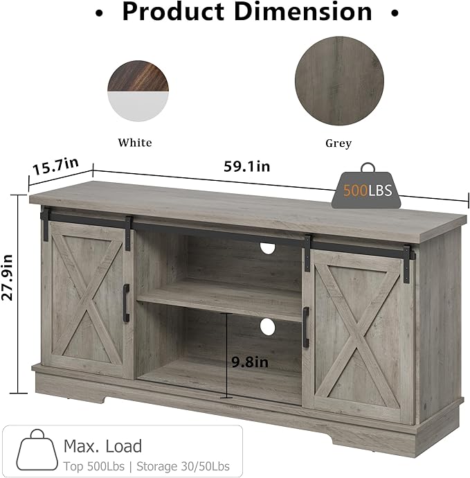 GarveeHome Farmhouse Tv Stand for 65 Inches TVs, Entertainment Center with Sliding Barn Doors and Adjustable Shelf, Modern Media TV Console TV Stand Table for Living Room, Bedroom, Grey