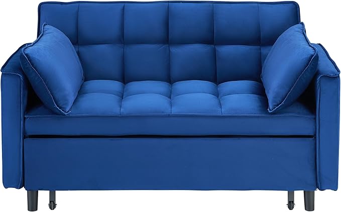 Ball & Cast 3 in 1 Convertible Sleeper Sofa Bed,Velvet Futon Couch with Pull-Out Bed,Convertible Pull Out Couches W/ 2 Pillows,Adjustable Backrest & Side Pocket,for Living Room,Apartment,Blue,55"