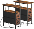 HOOBRO Set of 2 Narrow End Tables with Charging Station, Slim Side Table with 2 Fabric Drawers, Skinny Nightstand with Storage, Slim Bedside Table for Small Spaces, Rustic Brown and Black BF487UBZP201