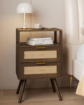 Rattan Nightstand,Farmhouse Bedside Table with 2 Storage Drawer and Open Wood Shelf, for Bedroom and Small Spaces,Night Stand with Solid Wood Legs (Walnut Brown)